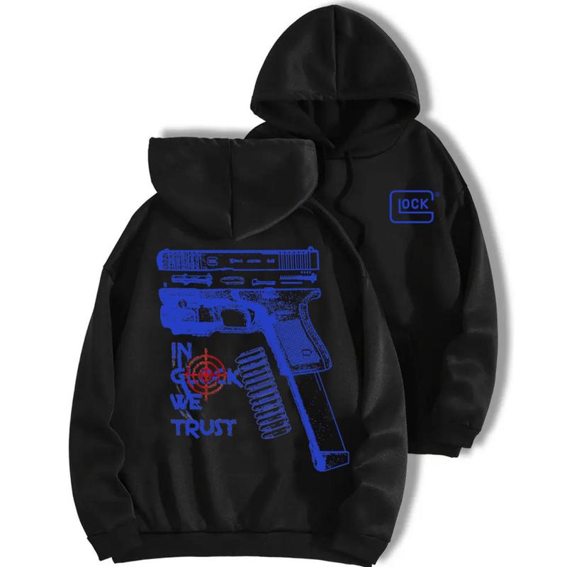 In Glock We Trust Standard Size Black Hoodie with Multicolor Design for Men and Women - Classic Fit - Menswear