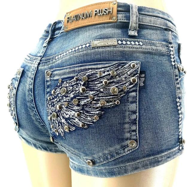 McBling Skull Wing Denim Shorts – Y2K Mid-Rise, Rhinestone Rocker Vibes, Vaquera Embroidered Streetwear Fit
