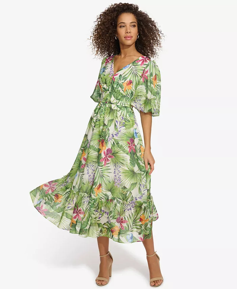 Women'S Floral-Print Balloon-Sleeve Maxi Dress