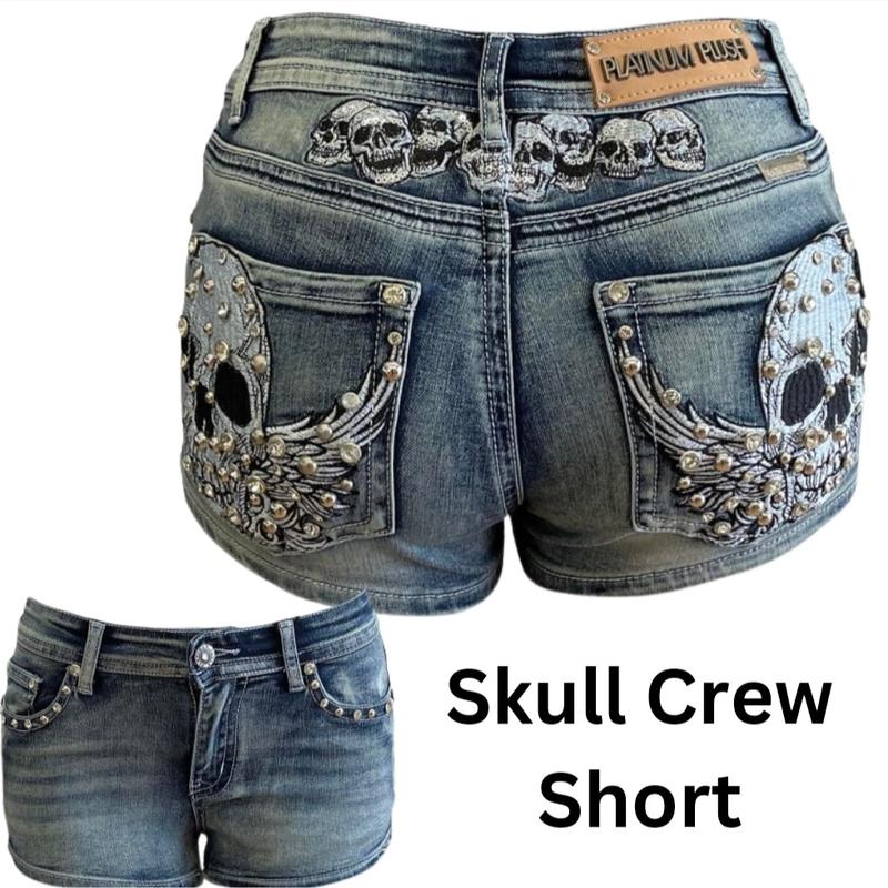 McBling Skull Wing Denim Shorts – Y2K Mid-Rise, Rhinestone Rocker Vibes, Vaquera Embroidered Streetwear Fit
