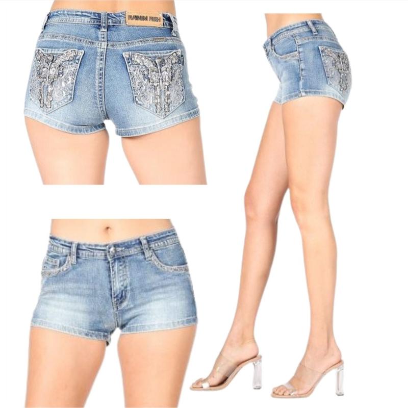 McBling Skull Wing Denim Shorts – Y2K Mid-Rise, Rhinestone Rocker Vibes, Vaquera Embroidered Streetwear Fit