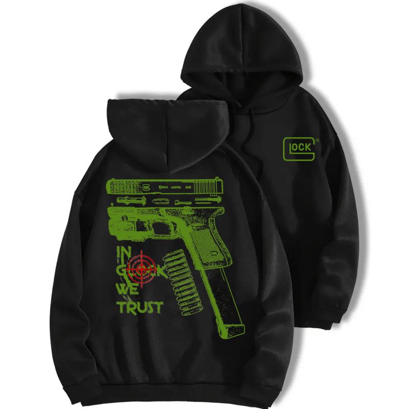 In Glock We Trust Standard Size Black Hoodie with Multicolor Design for Men and Women - Classic Fit - Menswear