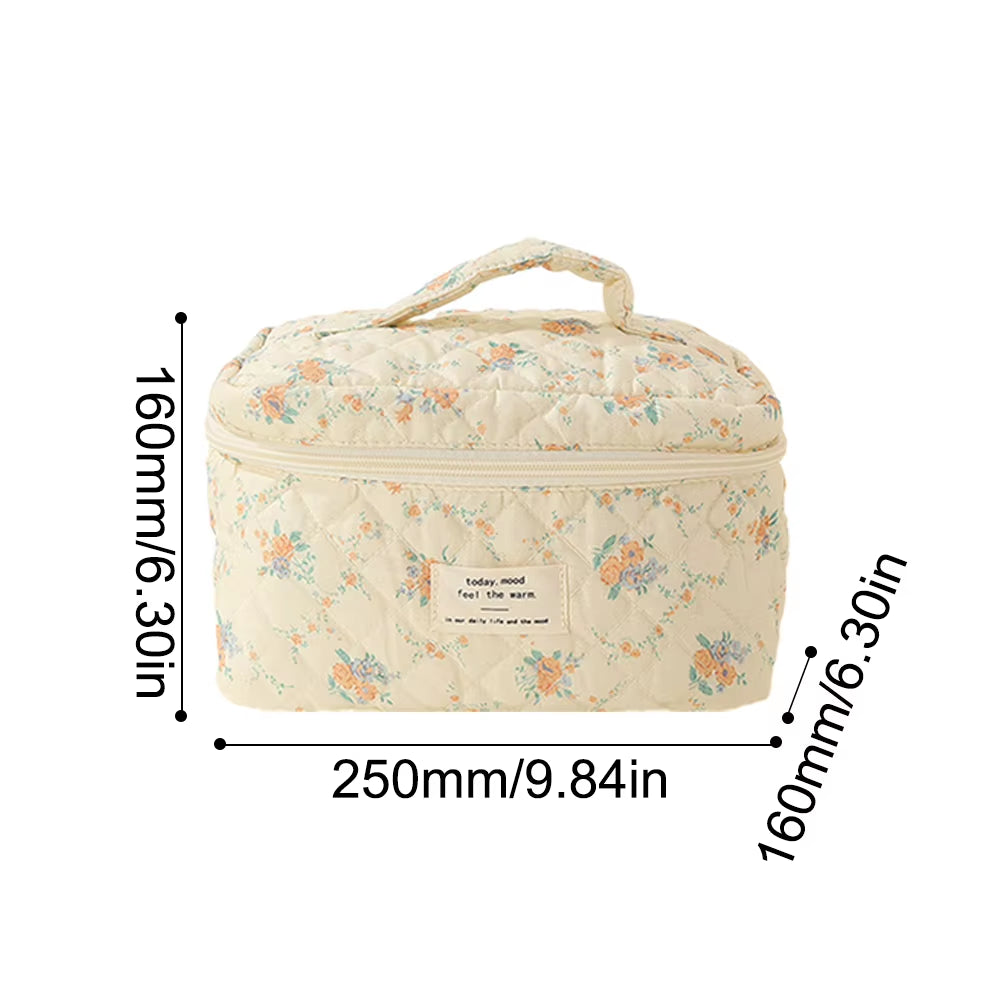 Quilting Padded Cosmetic Organizer Women'S Floral Pattern Makeup Bag Cotton Cute Toiletry Pouch Ladies Travel Zipper Storsge Bag
