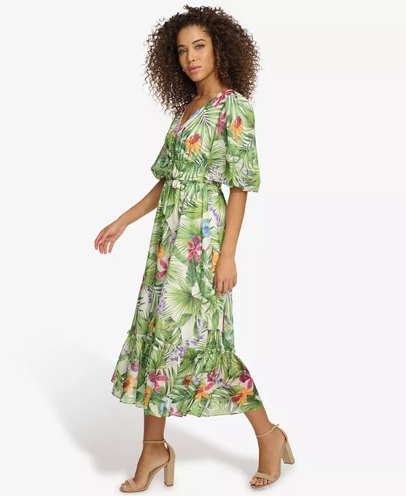 Women'S Floral-Print Balloon-Sleeve Maxi Dress