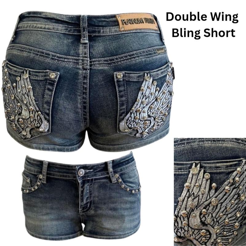 McBling Skull Wing Denim Shorts – Y2K Mid-Rise, Rhinestone Rocker Vibes, Vaquera Embroidered Streetwear Fit