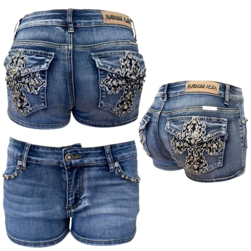 McBling Skull Wing Denim Shorts – Y2K Mid-Rise, Rhinestone Rocker Vibes, Vaquera Embroidered Streetwear Fit