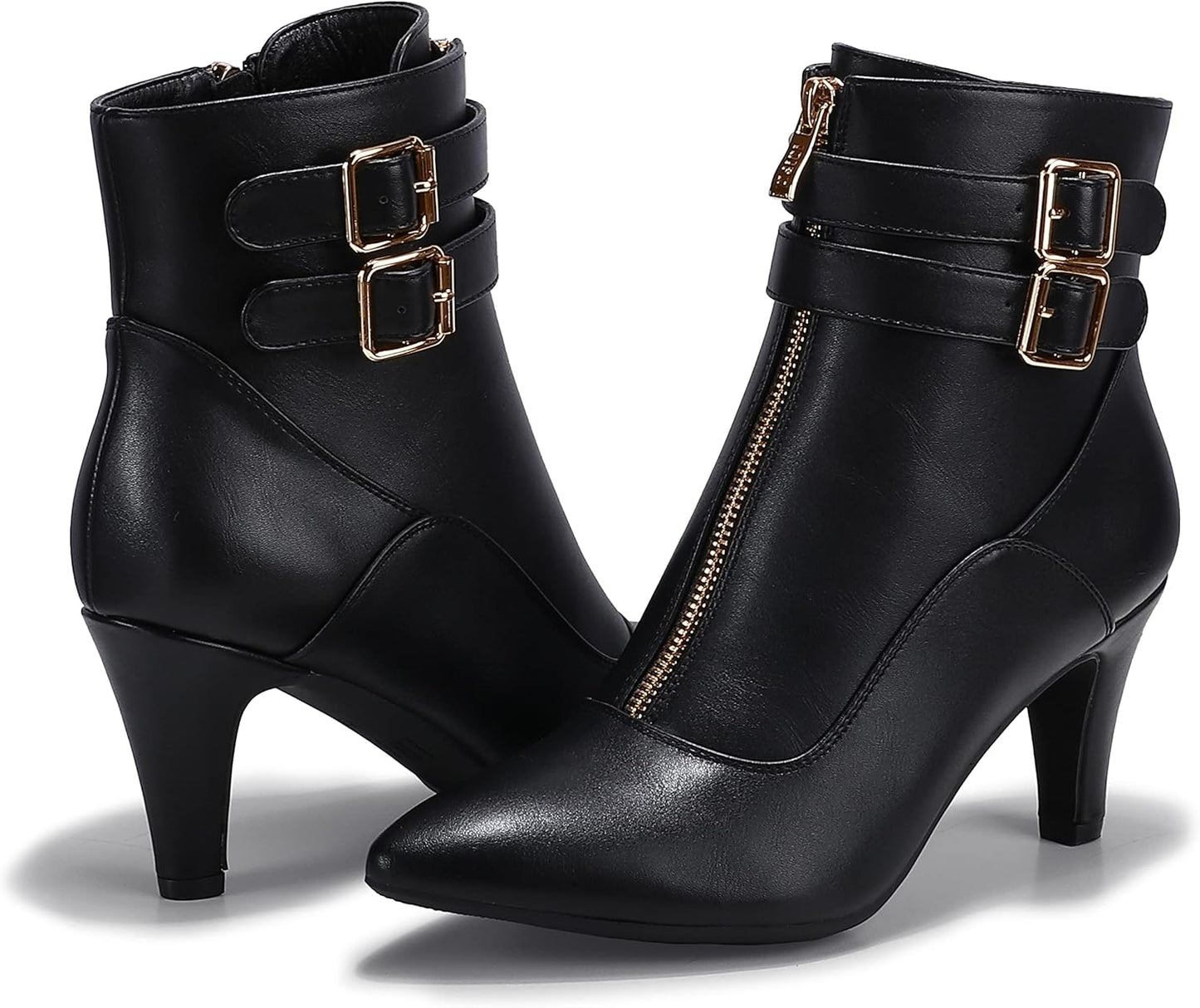 Women'S Buckle Strap Ankle Booties 3 Inch Pointed Toe Zipper Heels Dress Jeans Boots