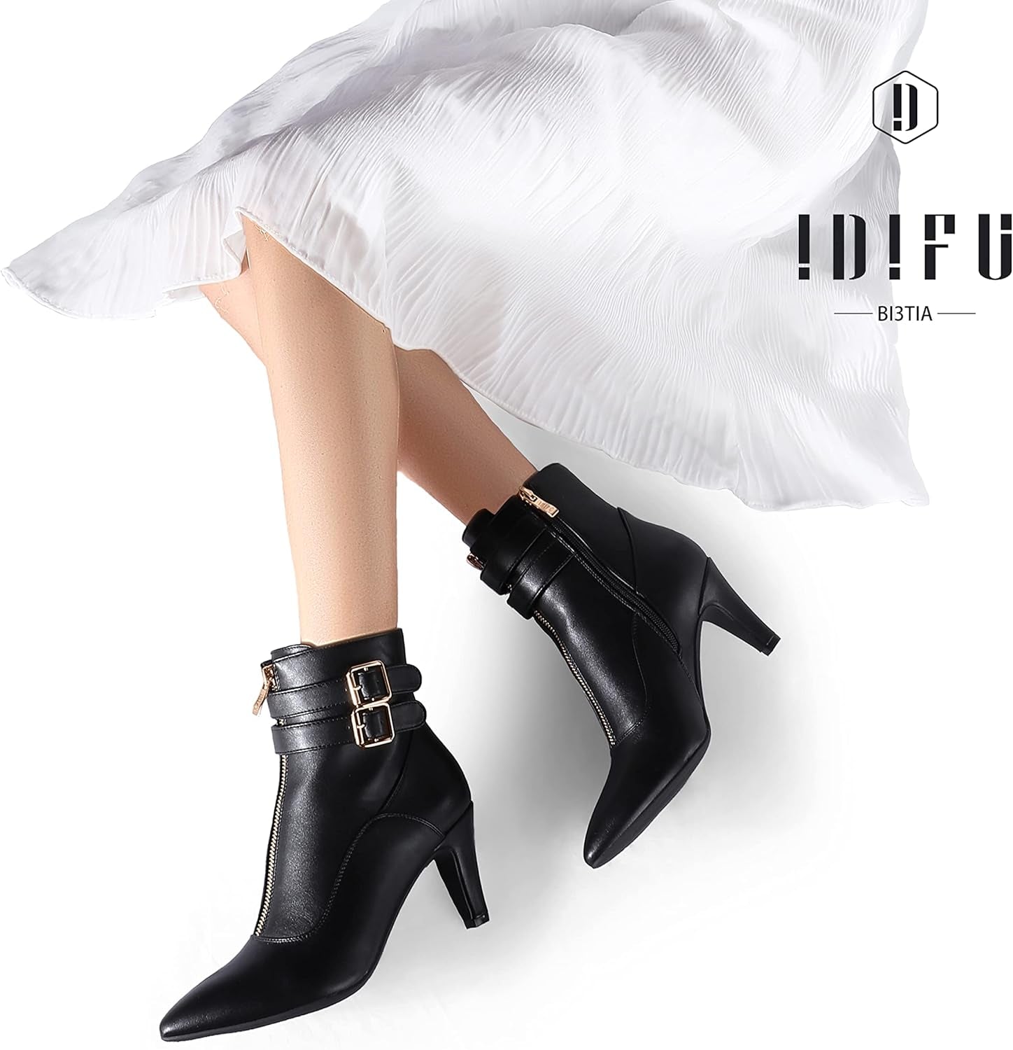 Women'S Buckle Strap Ankle Booties 3 Inch Pointed Toe Zipper Heels Dress Jeans Boots