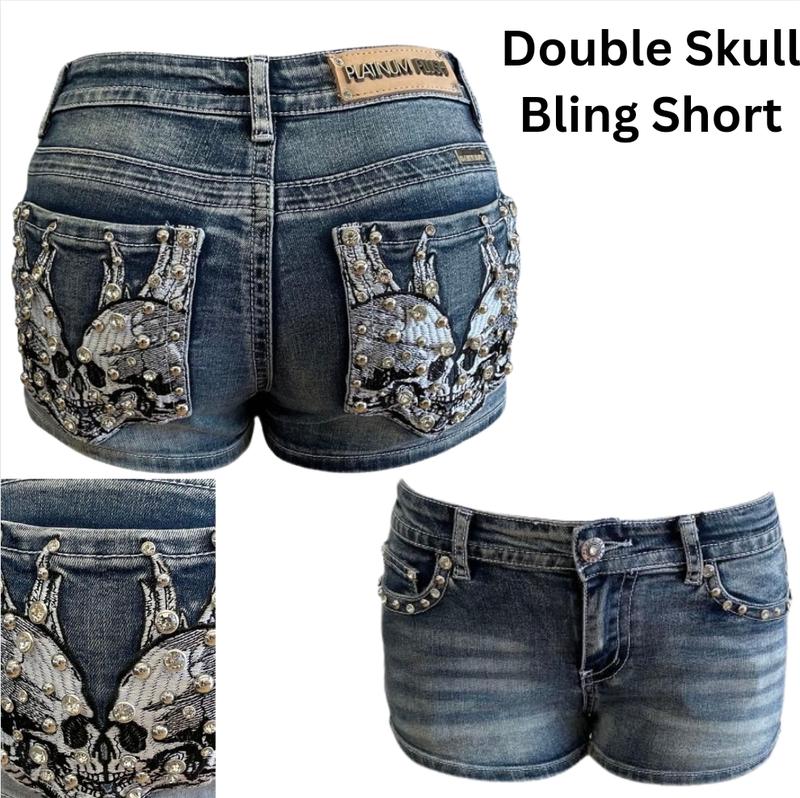 McBling Skull Wing Denim Shorts – Y2K Mid-Rise, Rhinestone Rocker Vibes, Vaquera Embroidered Streetwear Fit
