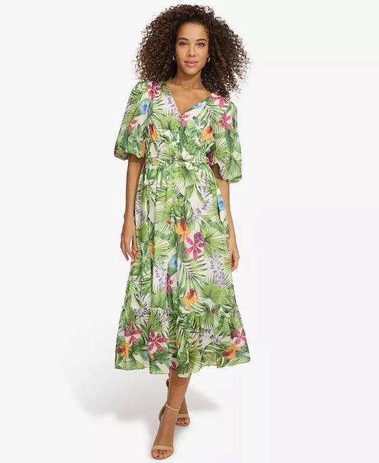 Women'S Floral-Print Balloon-Sleeve Maxi Dress