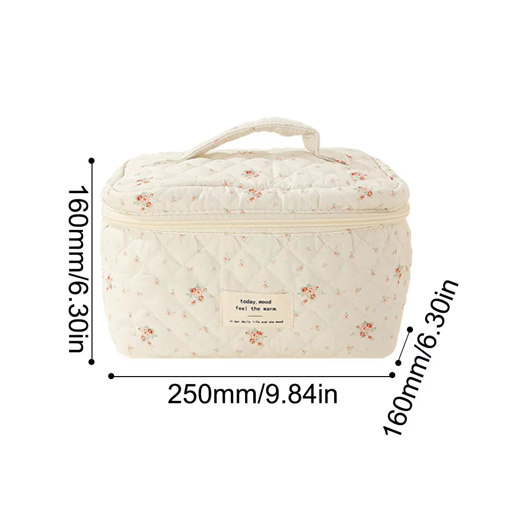 Quilting Padded Cosmetic Organizer Women'S Floral Pattern Makeup Bag Cotton Cute Toiletry Pouch Ladies Travel Zipper Storsge Bag