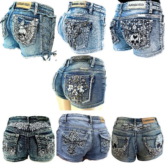 McBling Skull Wing Denim Shorts – Y2K Mid-Rise, Rhinestone Rocker Vibes, Vaquera Embroidered Streetwear Fit