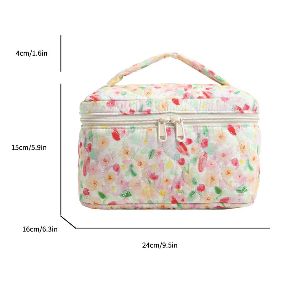 Quilting Padded Cosmetic Organizer Women'S Floral Pattern Makeup Bag Cotton Cute Toiletry Pouch Ladies Travel Zipper Storsge Bag