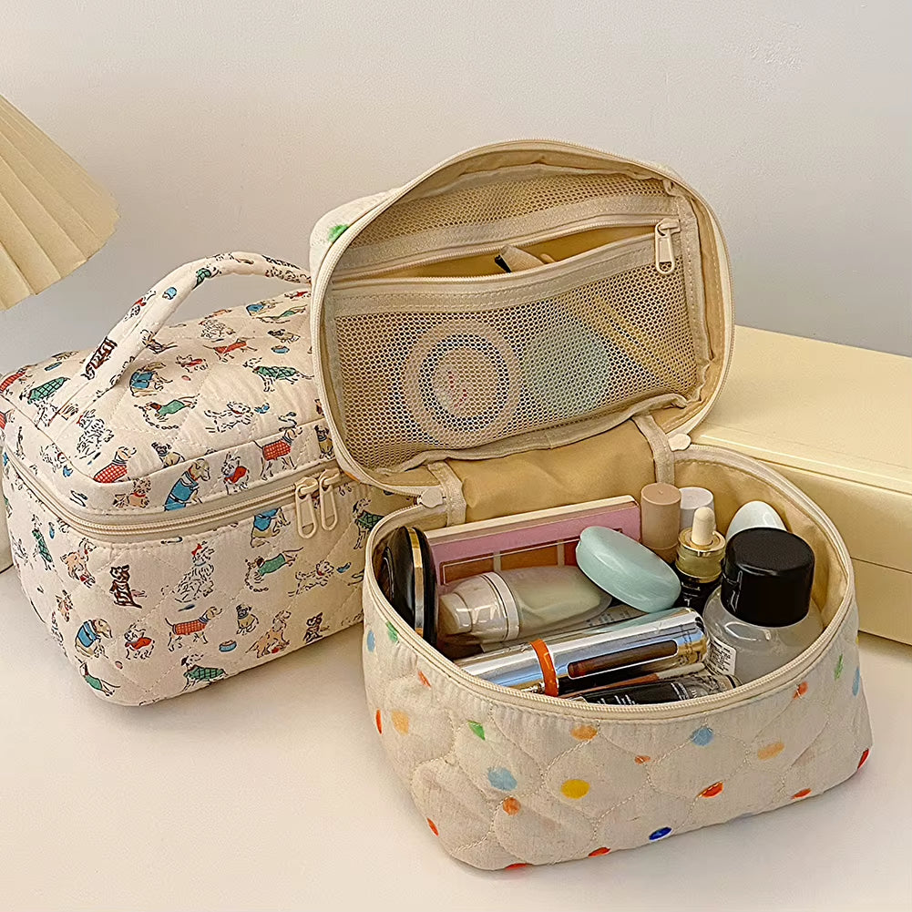 Quilting Padded Cosmetic Organizer Women'S Floral Pattern Makeup Bag Cotton Cute Toiletry Pouch Ladies Travel Zipper Storsge Bag