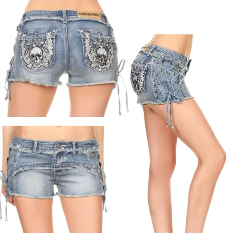McBling Skull Wing Denim Shorts – Y2K Mid-Rise, Rhinestone Rocker Vibes, Vaquera Embroidered Streetwear Fit