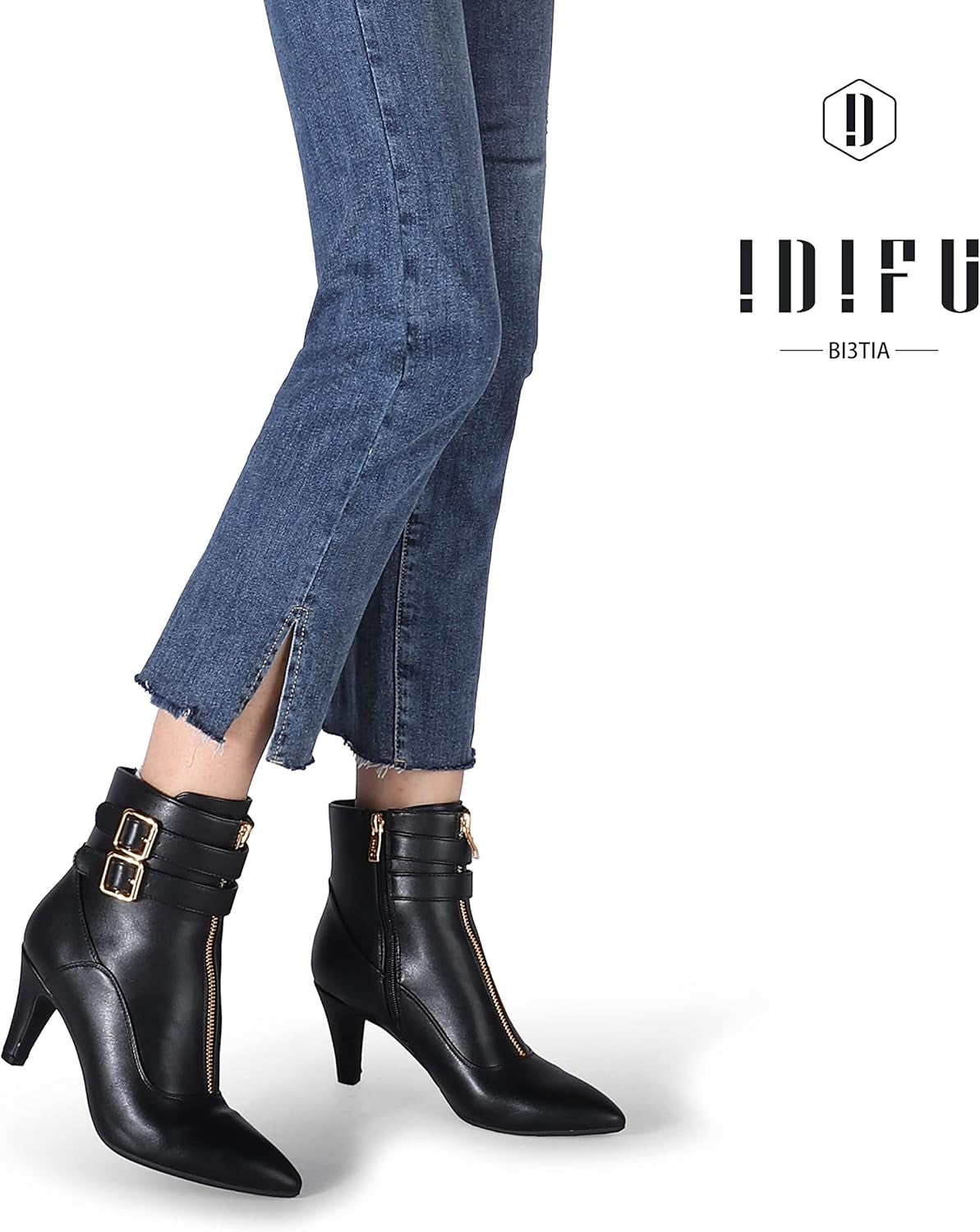 Women'S Buckle Strap Ankle Booties 3 Inch Pointed Toe Zipper Heels Dress Jeans Boots