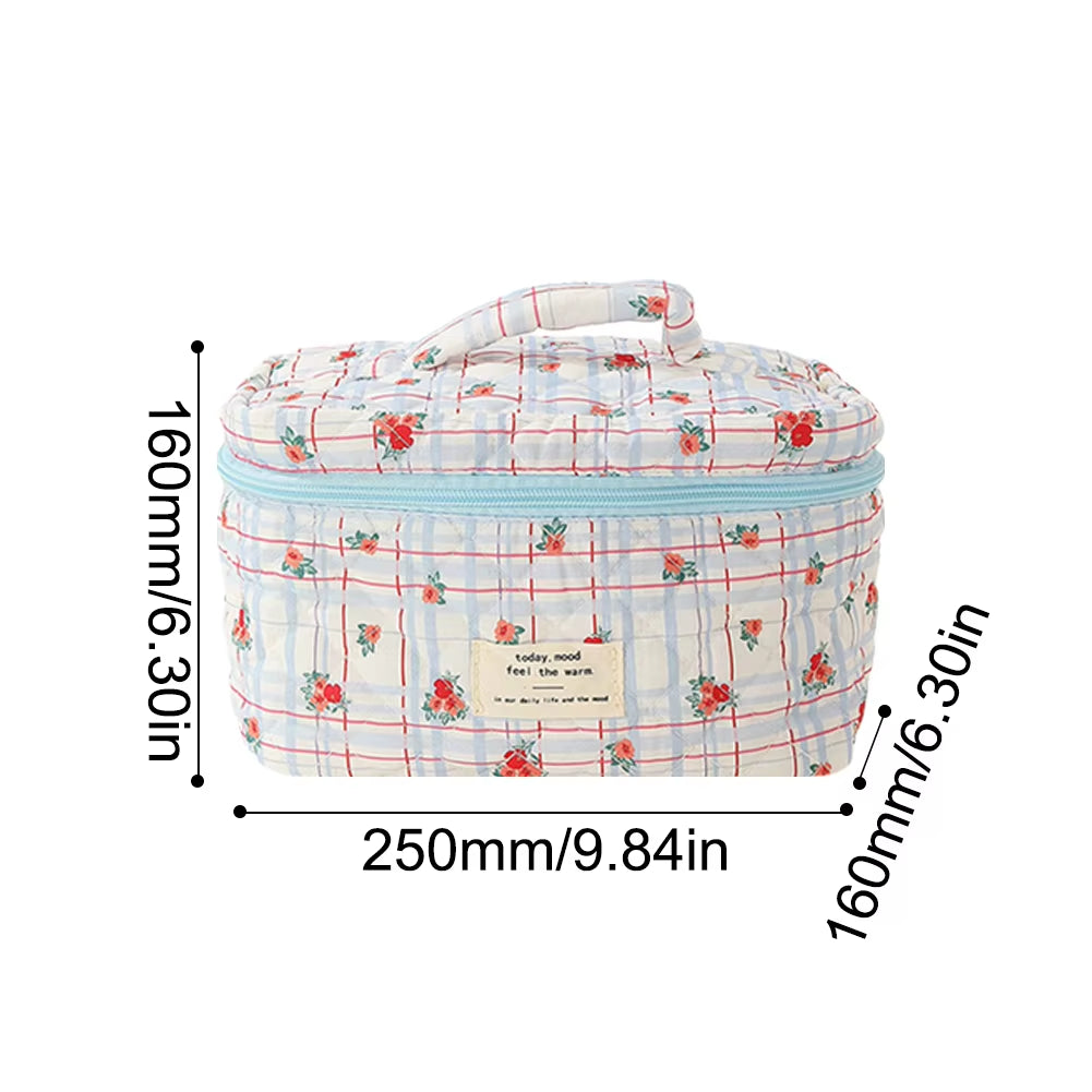 Quilting Padded Cosmetic Organizer Women'S Floral Pattern Makeup Bag Cotton Cute Toiletry Pouch Ladies Travel Zipper Storsge Bag